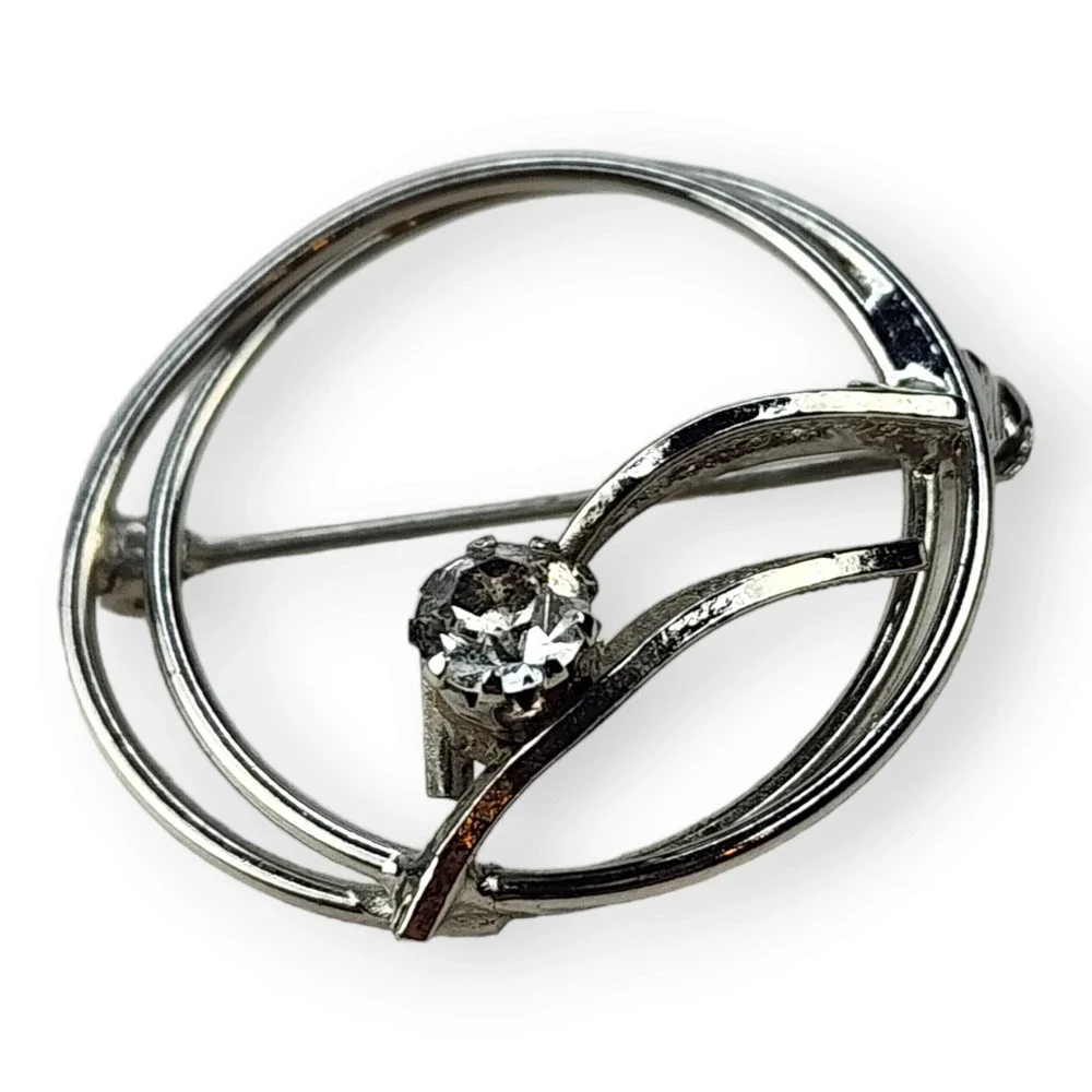 Unsigned Brooch Pin Silver Tone OS‎ Silver Vintage Circle Rhinestone Leaf